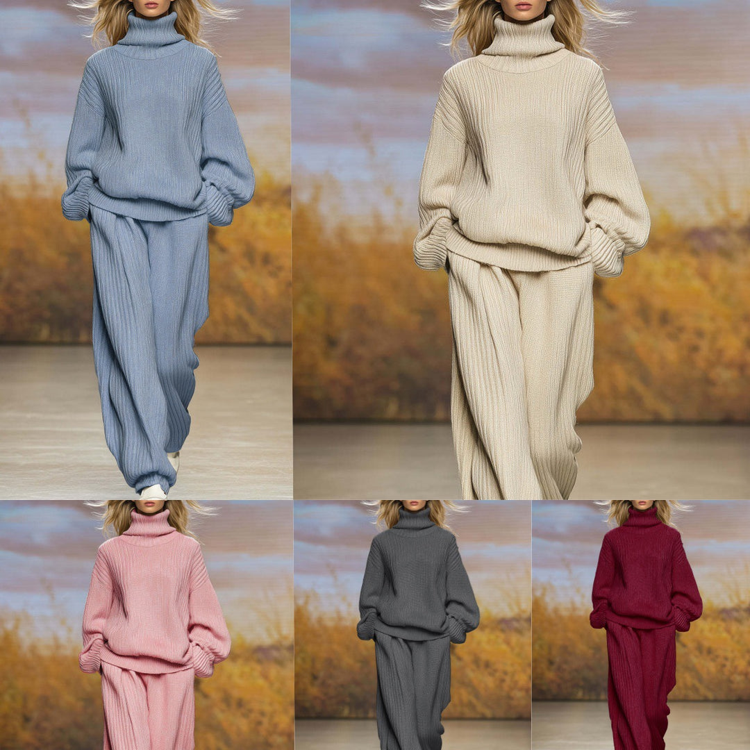 Multi-color knit two-piece set with high-neck top and wide-leg pants (blue, pink, gray, burgundy)
