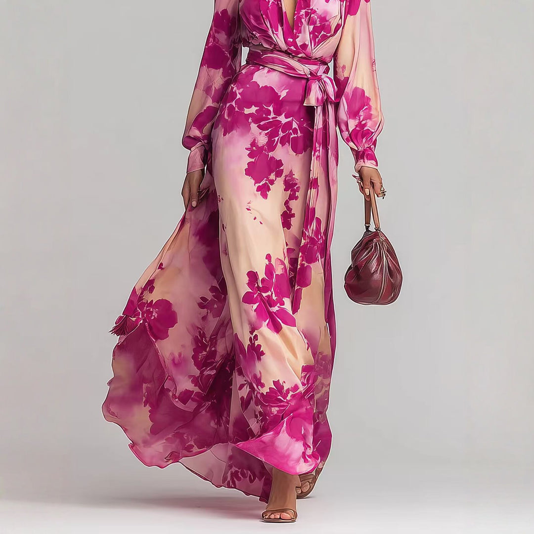 Chiffon Long Sleeve V-Neck Tie-Up Women's Dresses