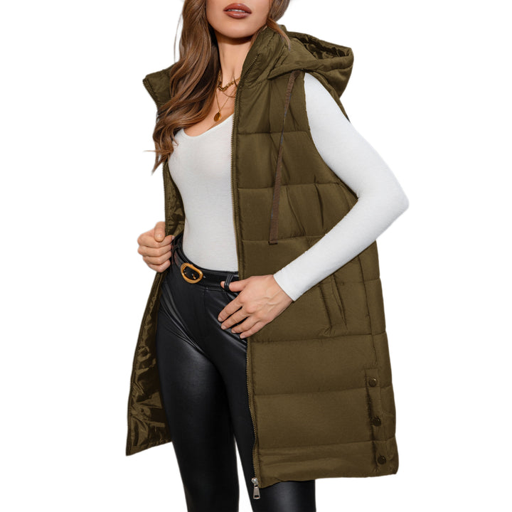 Olive green long hooded puffer vest with sleeveless quilted design, drawstring hood, zipper