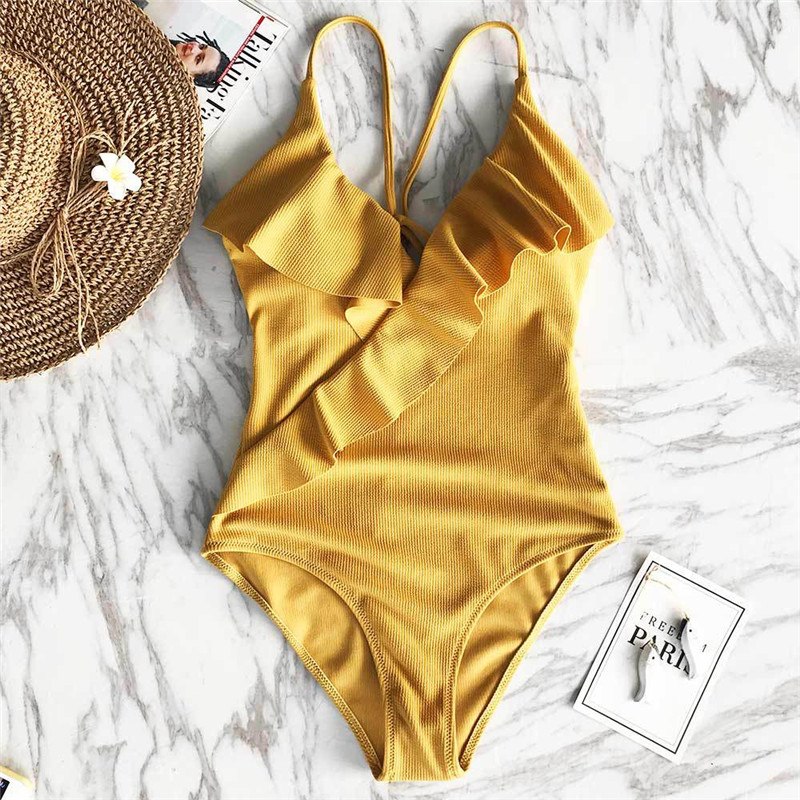 Backless Solid Color Ruffle Bandage One Piece Swimsuits