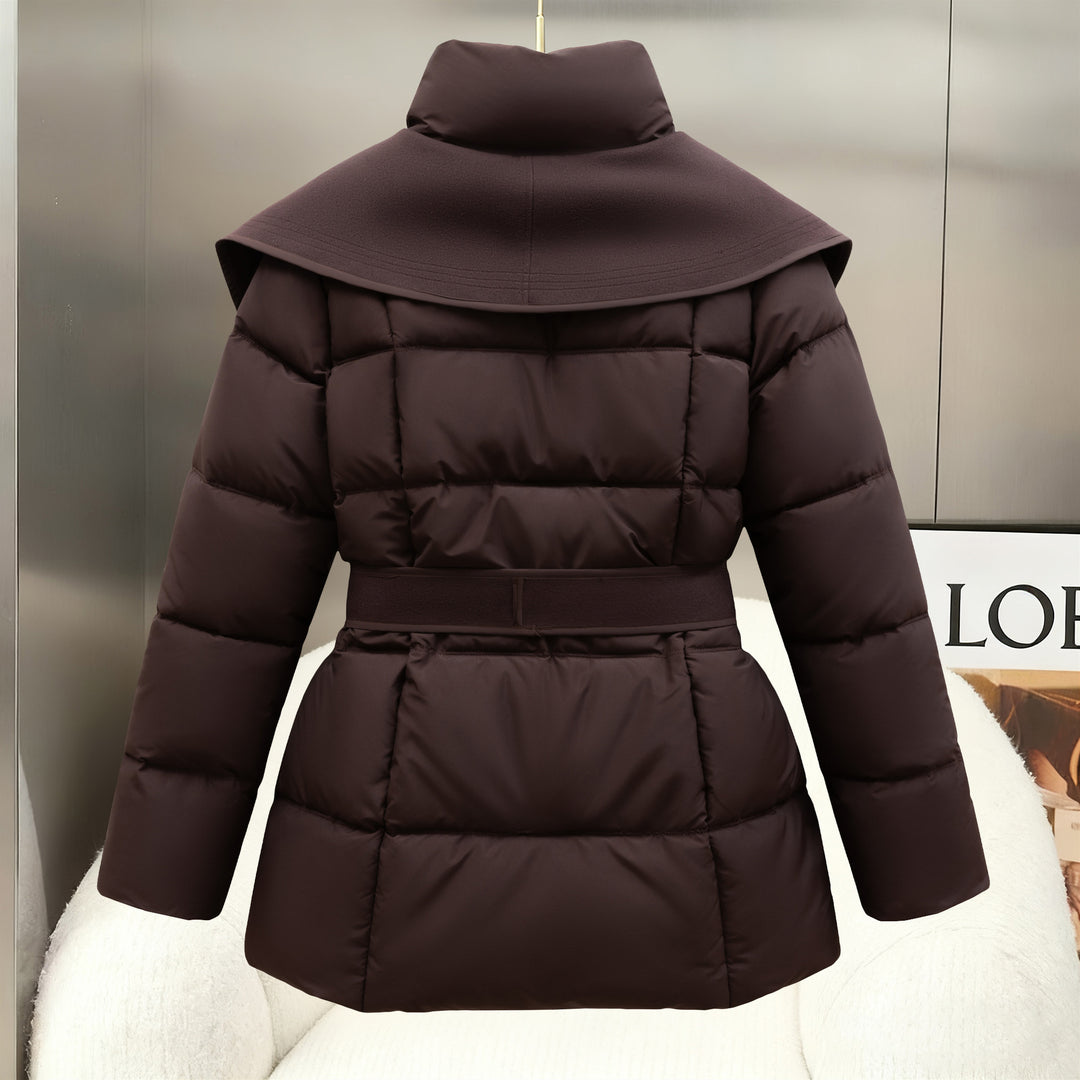 Dark brown belted quilted puffer coat with wide statement collar and front zipper