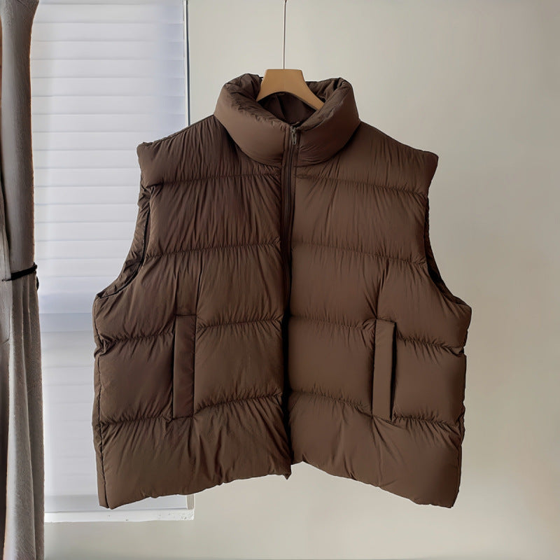 brown vest on hanger: Women's Plus Size Coffee Brown Puffer Vest On Hanger With High Collar And Side Pockets