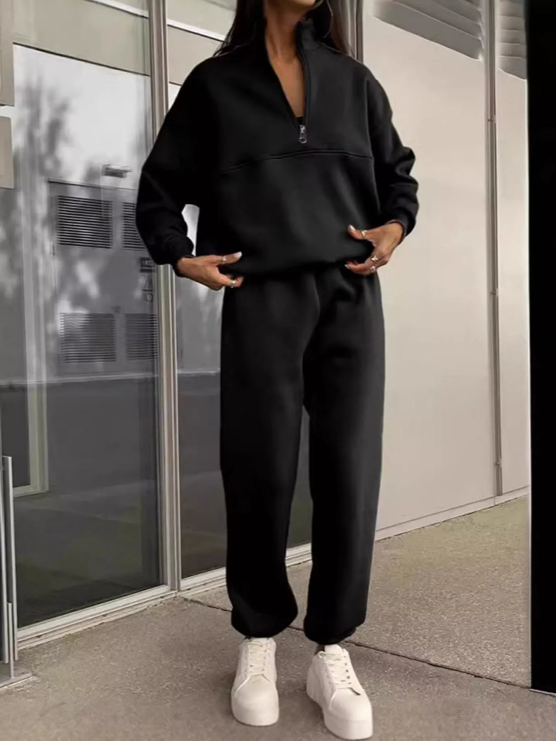 Women's Black Half-Zip Sweatshirt And Joggers Set, Full-Length Front View