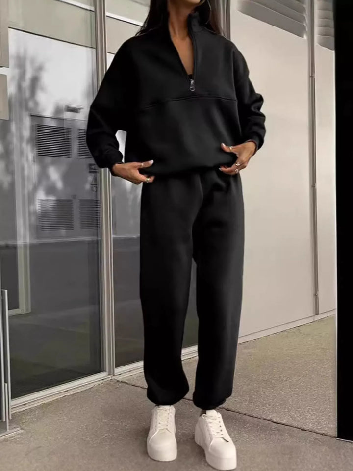 Women's Black Half-Zip Sweatshirt And Joggers Set, Full-Length Front View