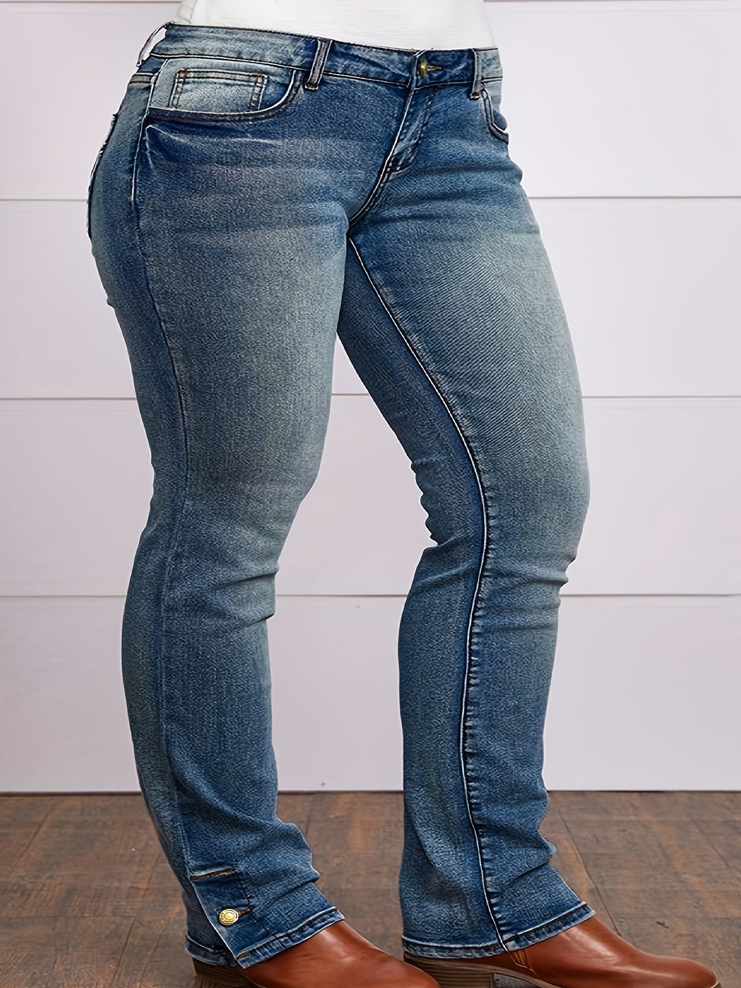 Curvy-fit  Stretch Straight Leg Plus-size Slit Denim Jeans - Flossy Mom
