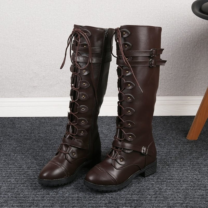 Women's Dark Brown Knee-High Riding Boots Equestrian Leather Style Flossy Mom