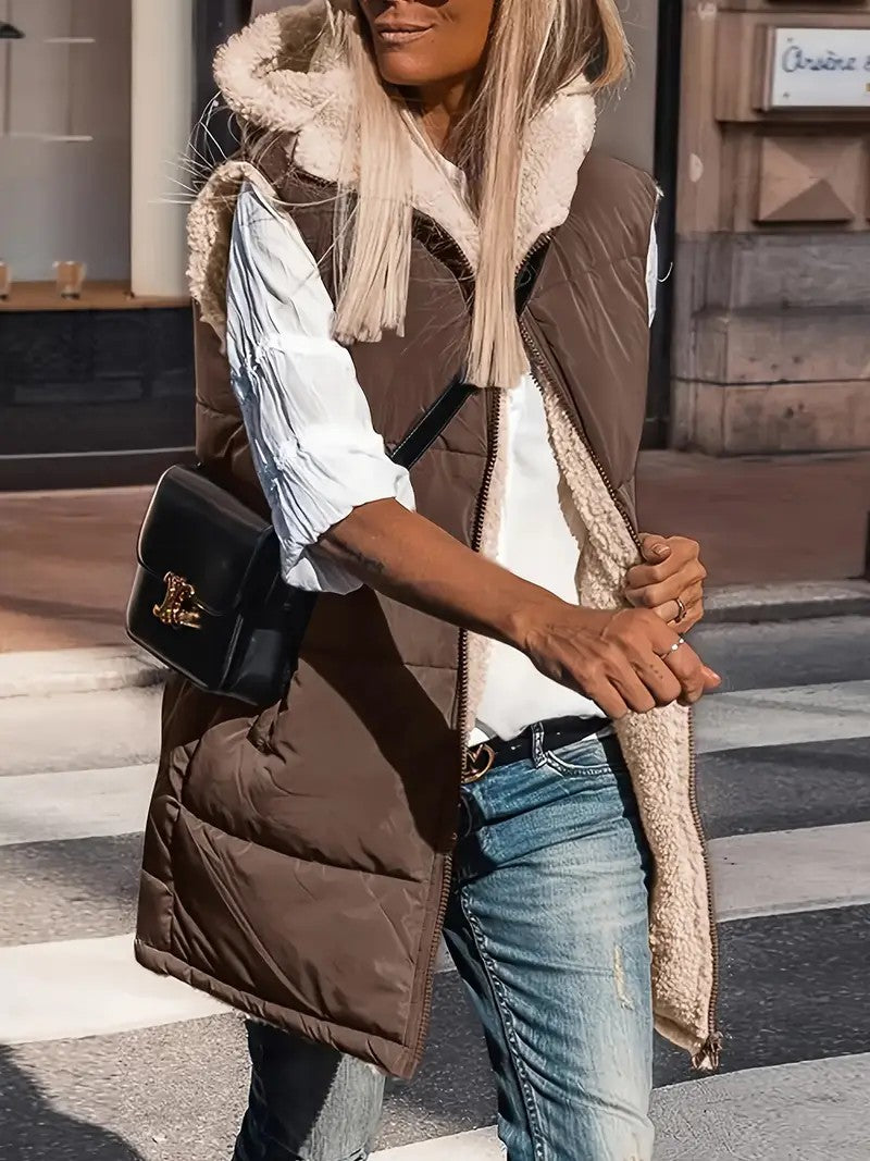 Reversible zip-front puffer vest with hood, brown outer, white fleece lining, pockets