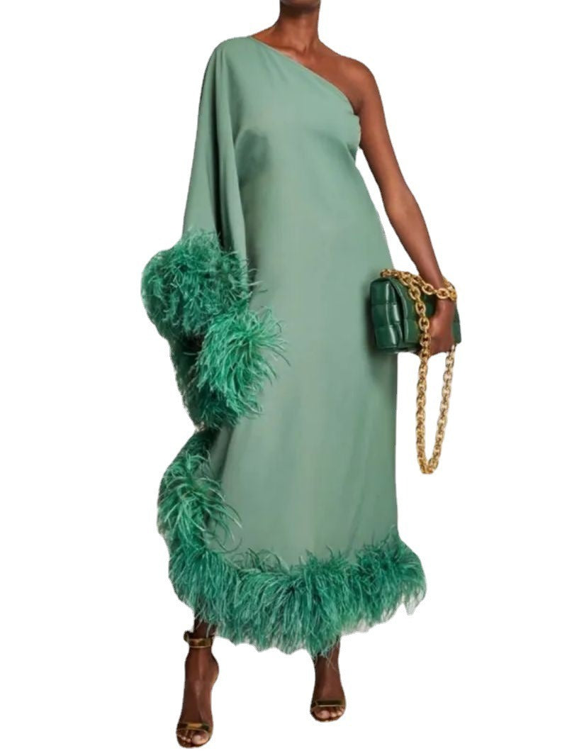 Elegant One-shoulder Ankle-length Feather Dresses