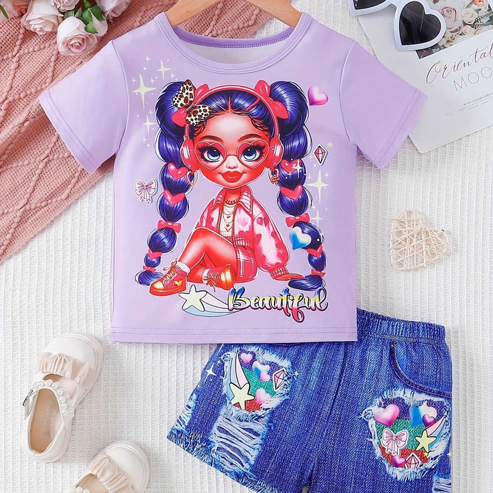2PCS Cartoon Braided Girl Short Sleeve Top and Shorts - Gen U Us Products