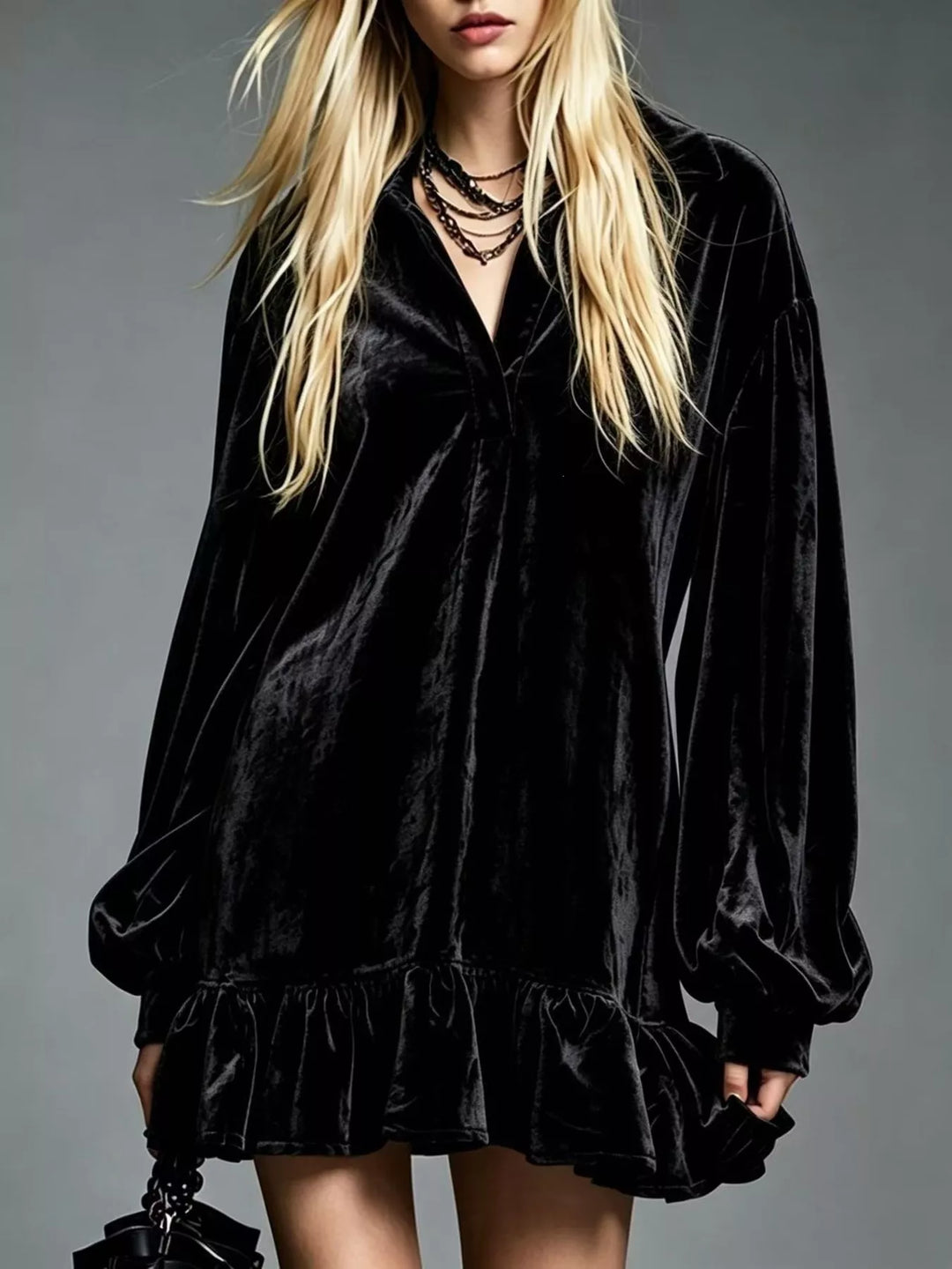 Black velvet long-sleeve mini dress with ruffle hem and V-neck