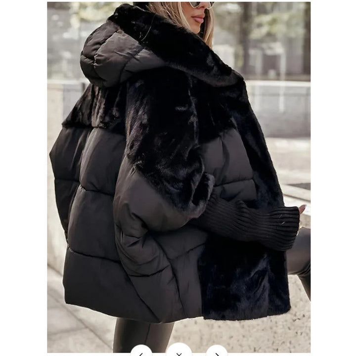 Women’s Black Hooded Winter Jacket Side View Showing Padded And Plush Panels
