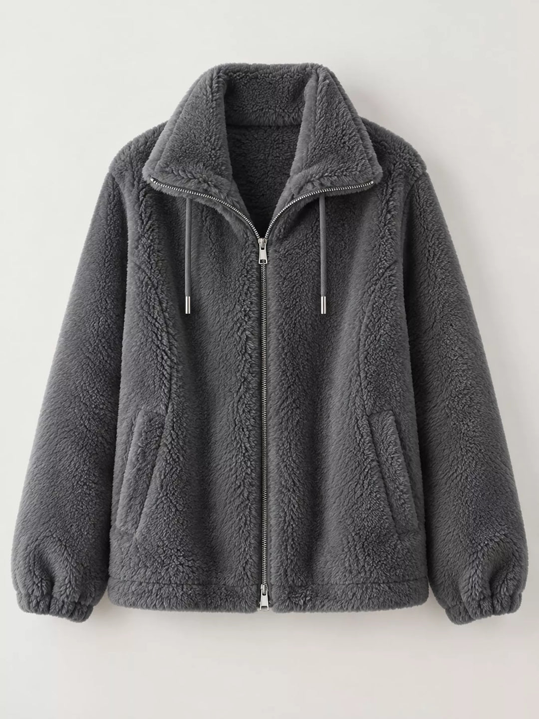 Plus size faux fur zip jacket with stand collar and drawstrings, dark gray front