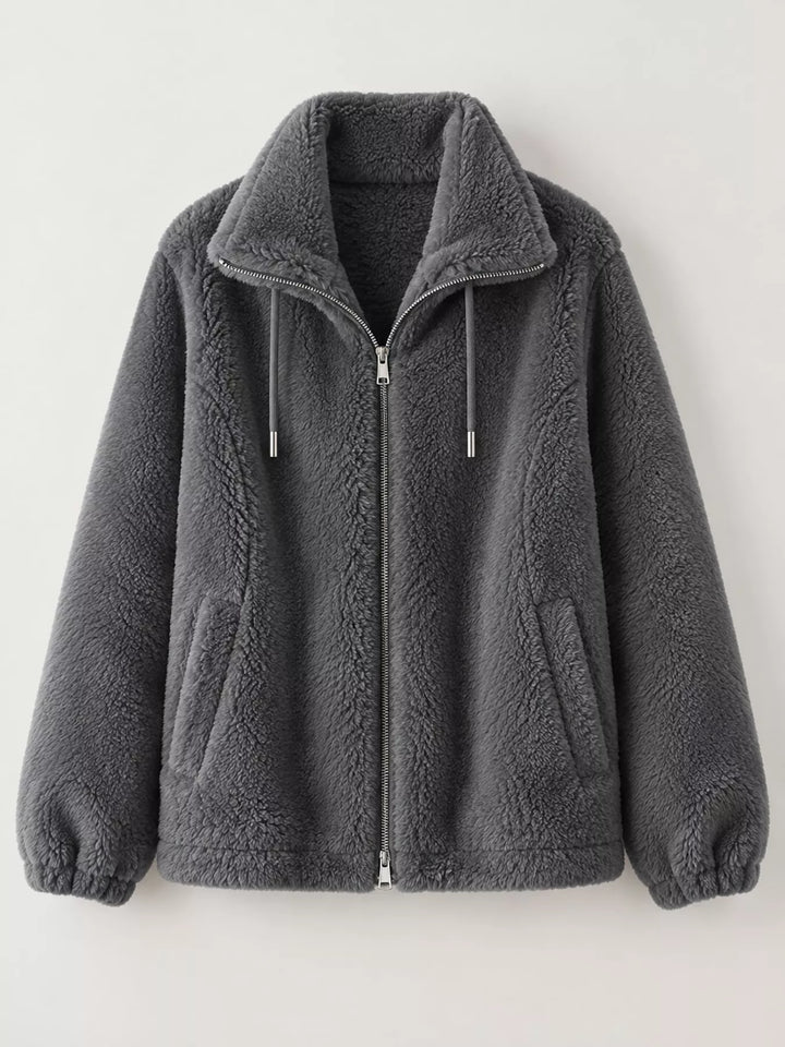 Plus size faux fur zip jacket with stand collar and drawstrings, dark gray front