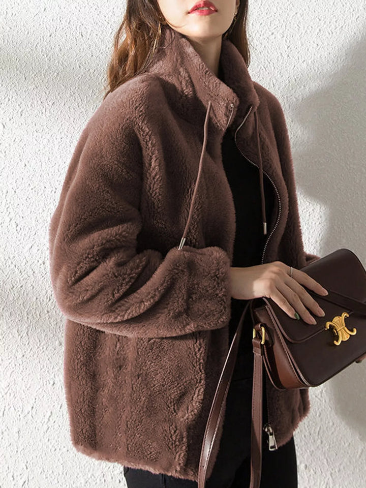 Dark brown faux fur stand-collar zip jacket with drawstring ties, front view