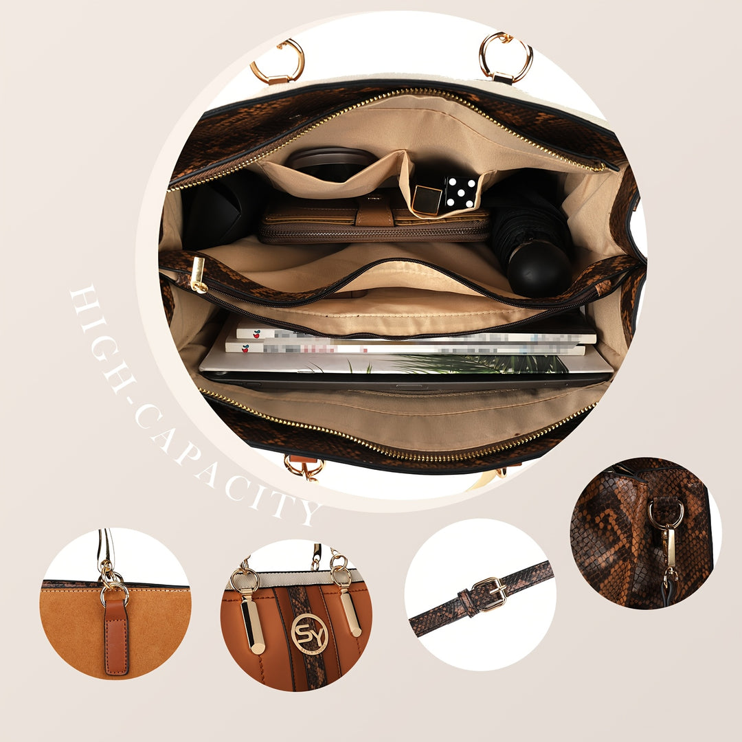 Open brown leather handbag with compartments and a laptop, surrounded by smaller images of the bag's features.