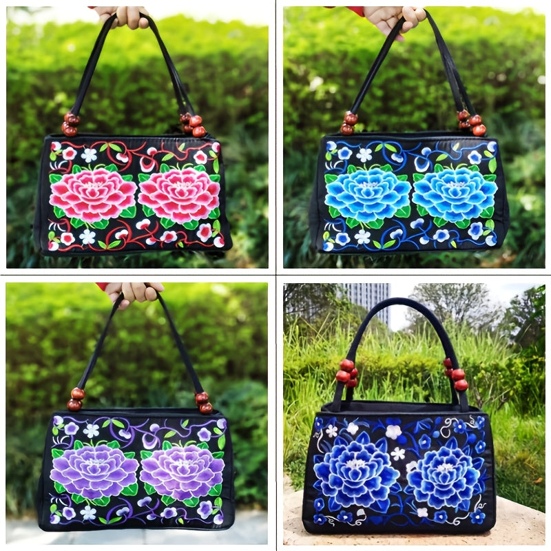 Collage of four images showing a handbag with floral patterns in different colors against a green outdoor background.