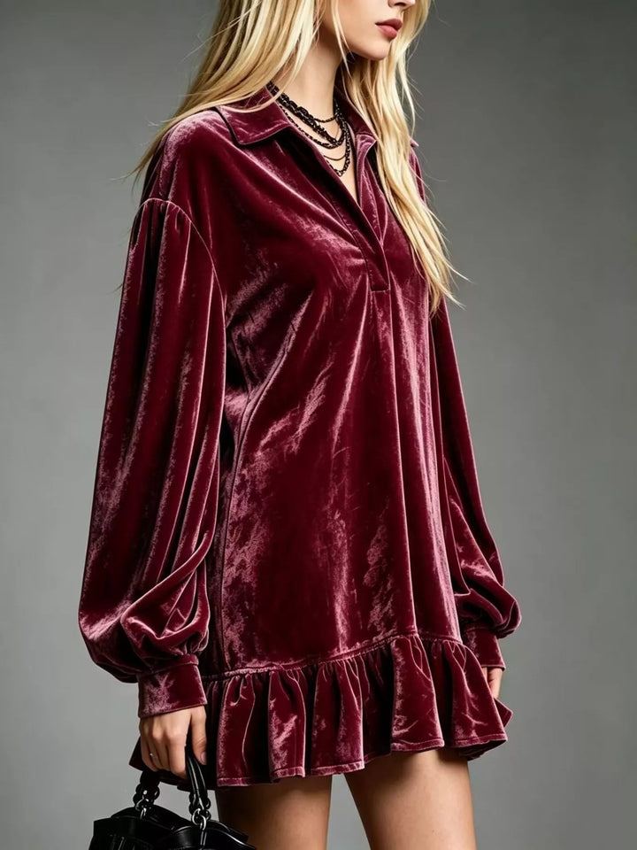 Wine red velvet long-sleeve mini dress with gathered ruffle hem and V-neck