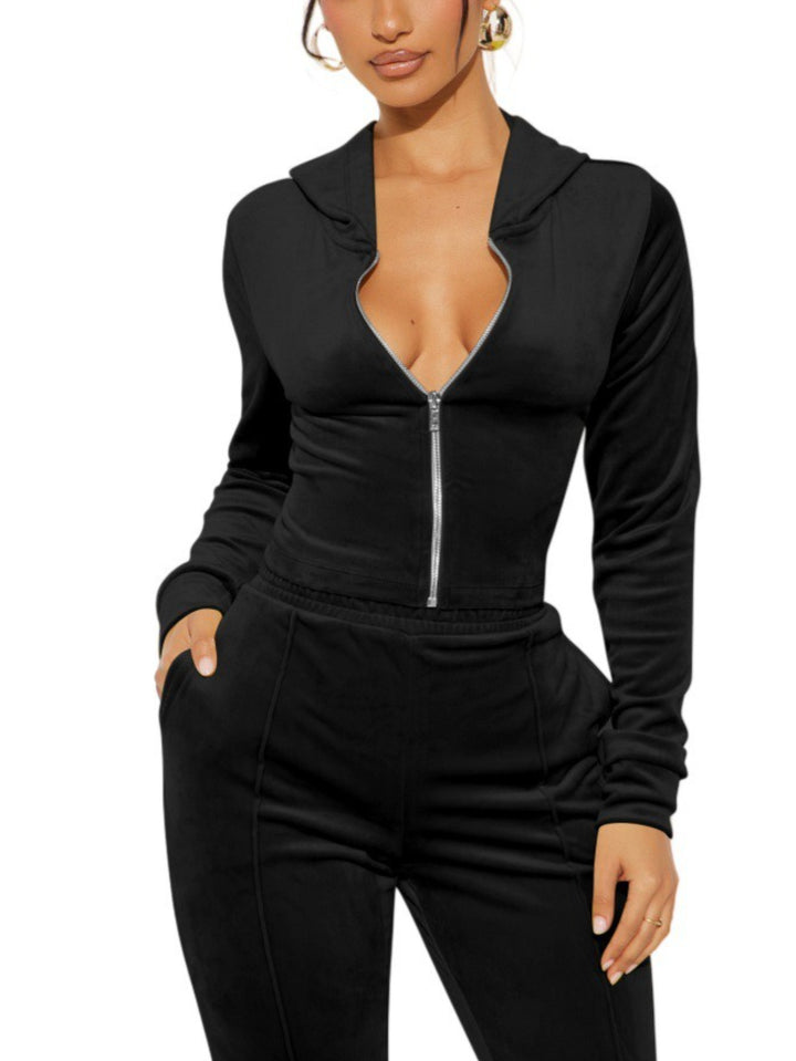 Sexy Mink Velvet Look Crop Hooded Tracksuits - Flossy Mom