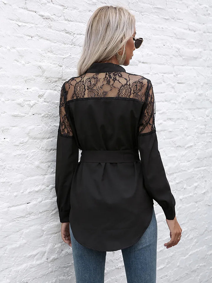 Office Lady Long Sleeves Waisted Patchwork Lace Shirts