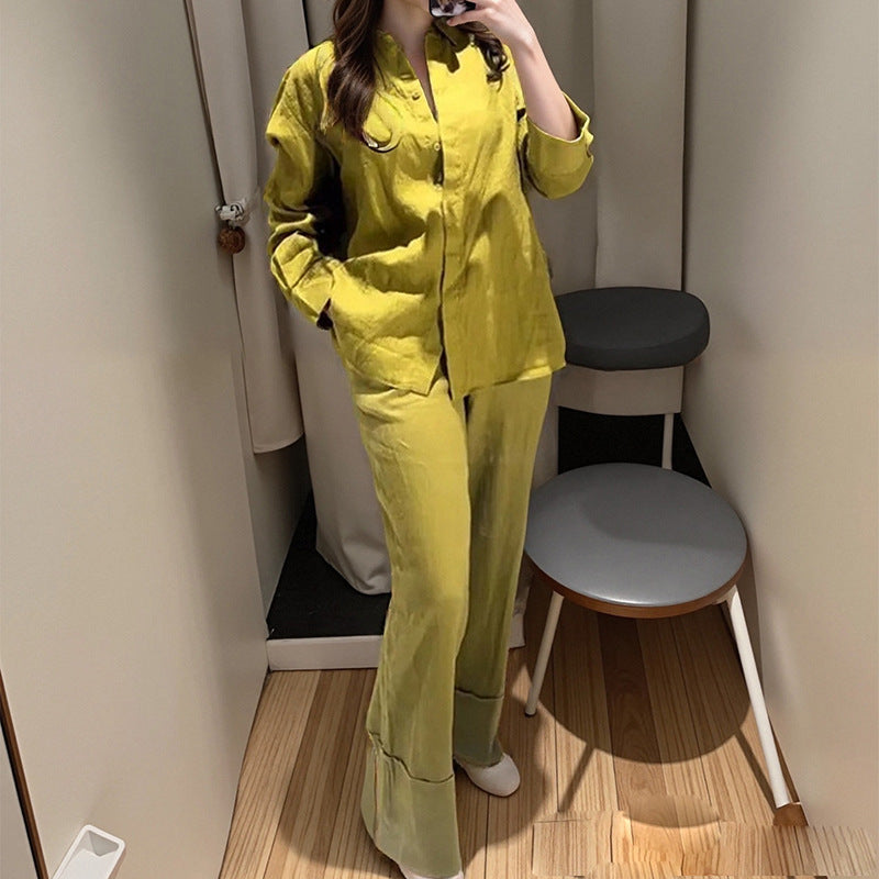 Woman wearing lime green 2Pcs Button collared shirt & pants outfit.