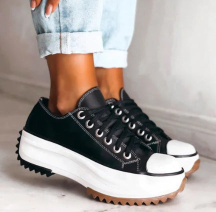 Women's Black Laces Canvas Platform Sneakers Cushioned Streetwear Kicks