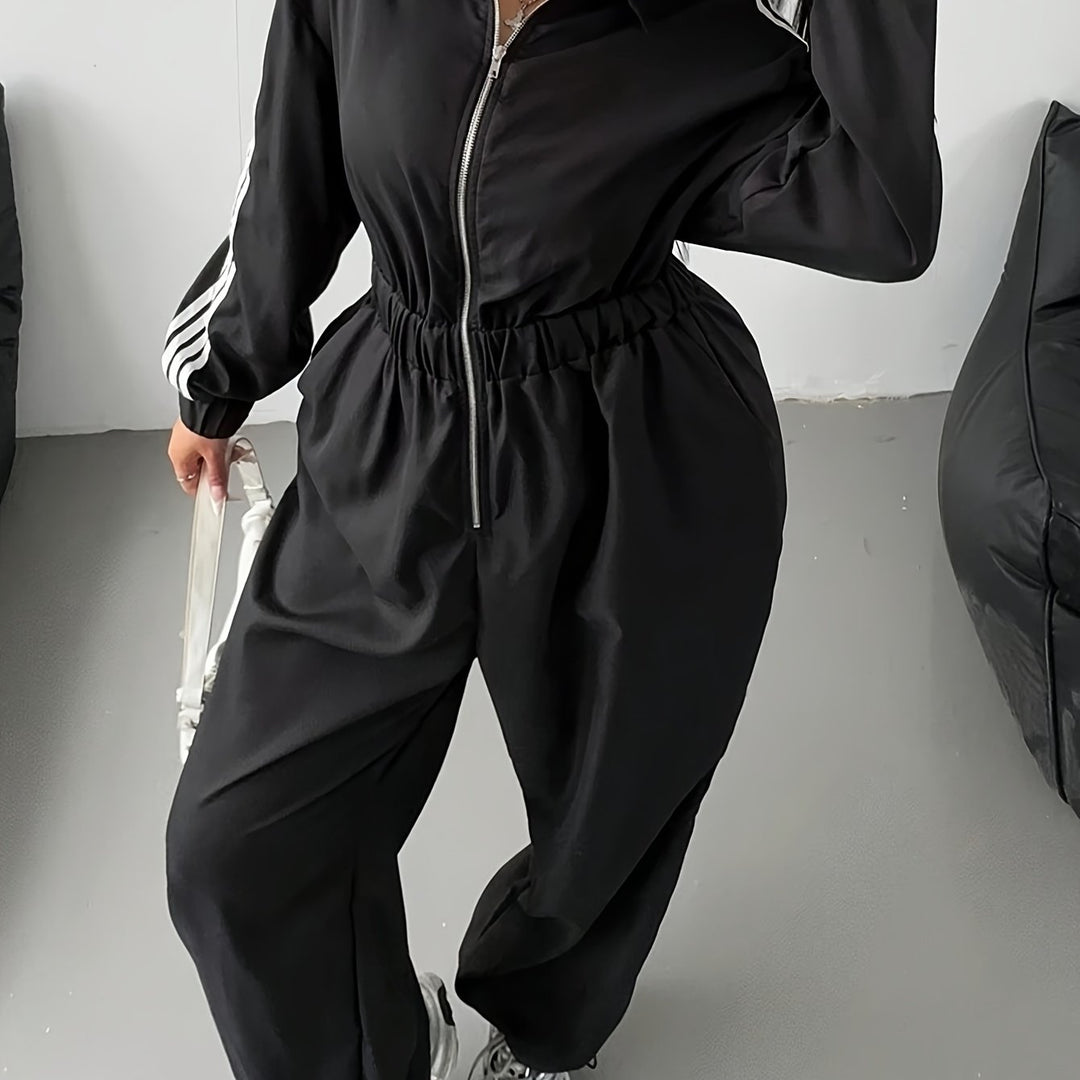 Comfy Loose-Fit Zip-Up Striped Plus Size Jumpsuits - Flossy Mom