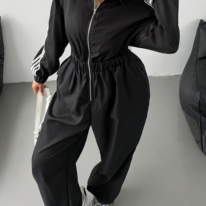 Comfy Loose-Fit Zip-Up Striped Plus Size Jumpsuits - Flossy Mom