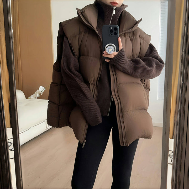 brown vest worn: Women's Plus Size Coffee Brown Quilted Puffer Vest Worn Open Over A Brown Knit Sweater