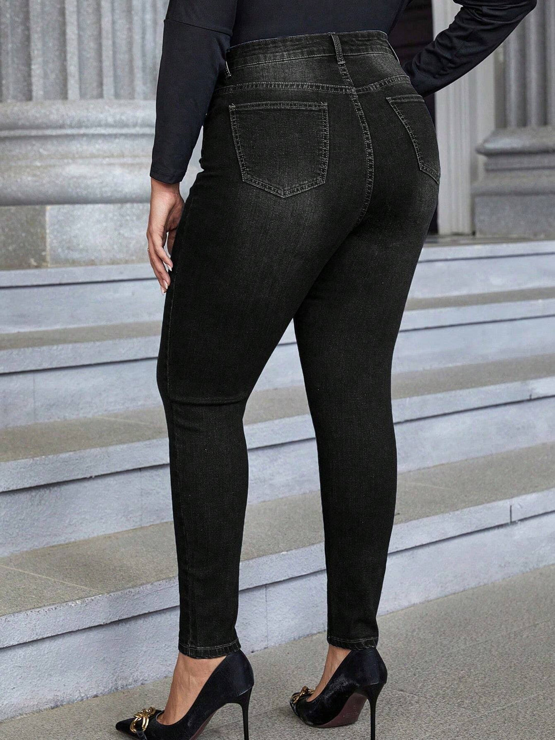 Sleek Black Button-Fly Stretch Skinny Plus Size Jeans - Flossy Mom