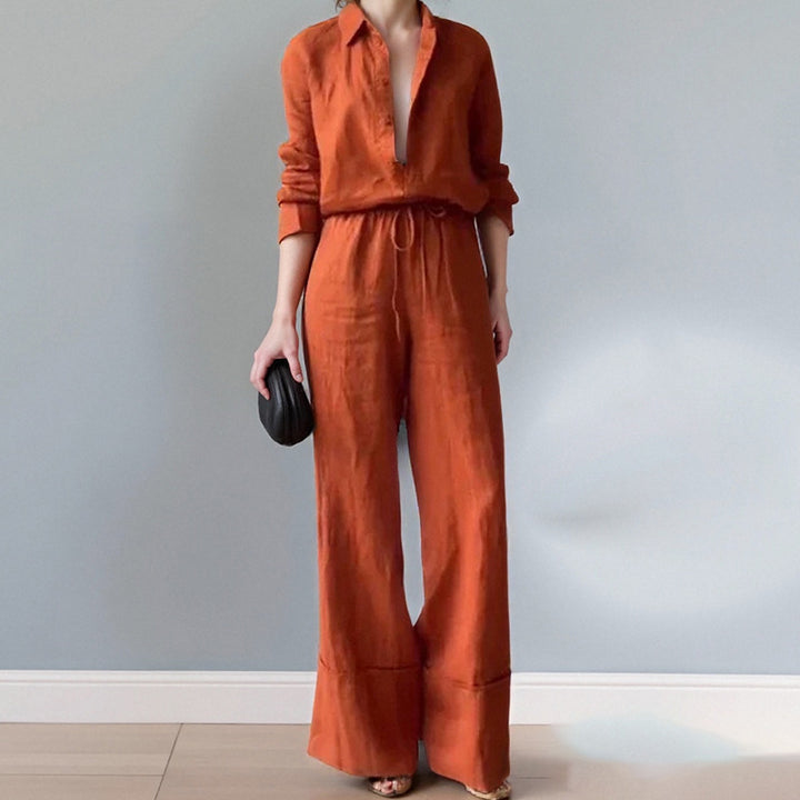 Woman wearing orange 2Pcs Button collared shirt & pants outfit.
