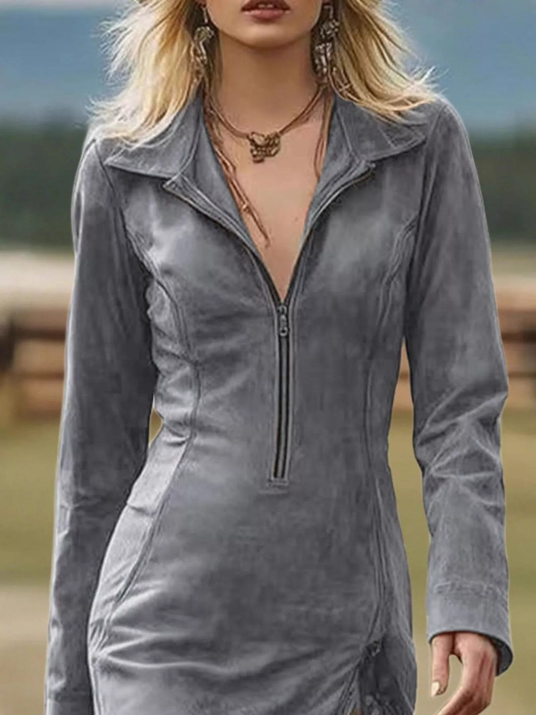 Gray zip-front bodycon dress with collar and long sleeves