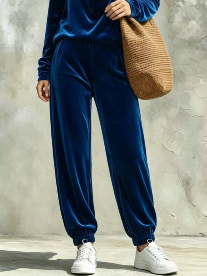 Blue velvet cowl-neck long-sleeve top with matching jogger pants