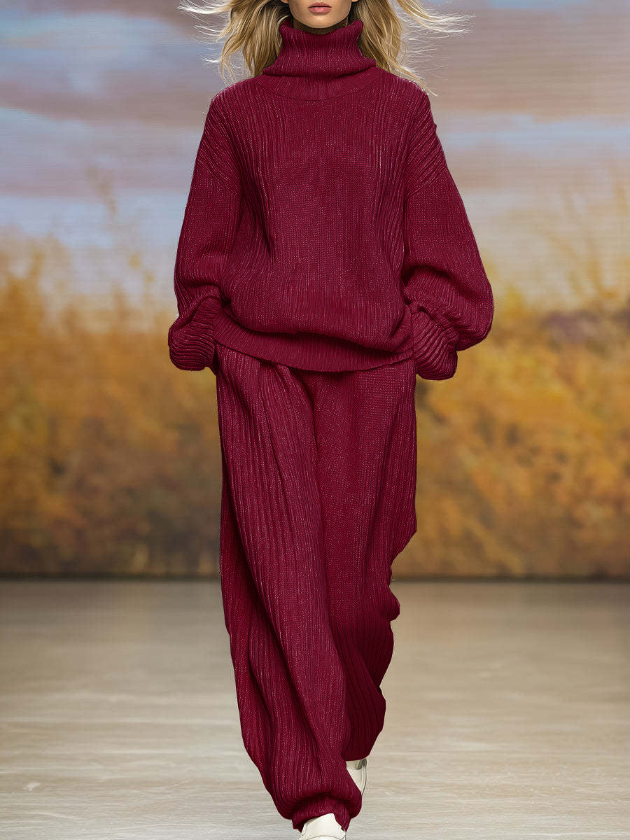 Burgundy ribbed knit high-neck top and wide-leg pants two-piece set, long sleeves