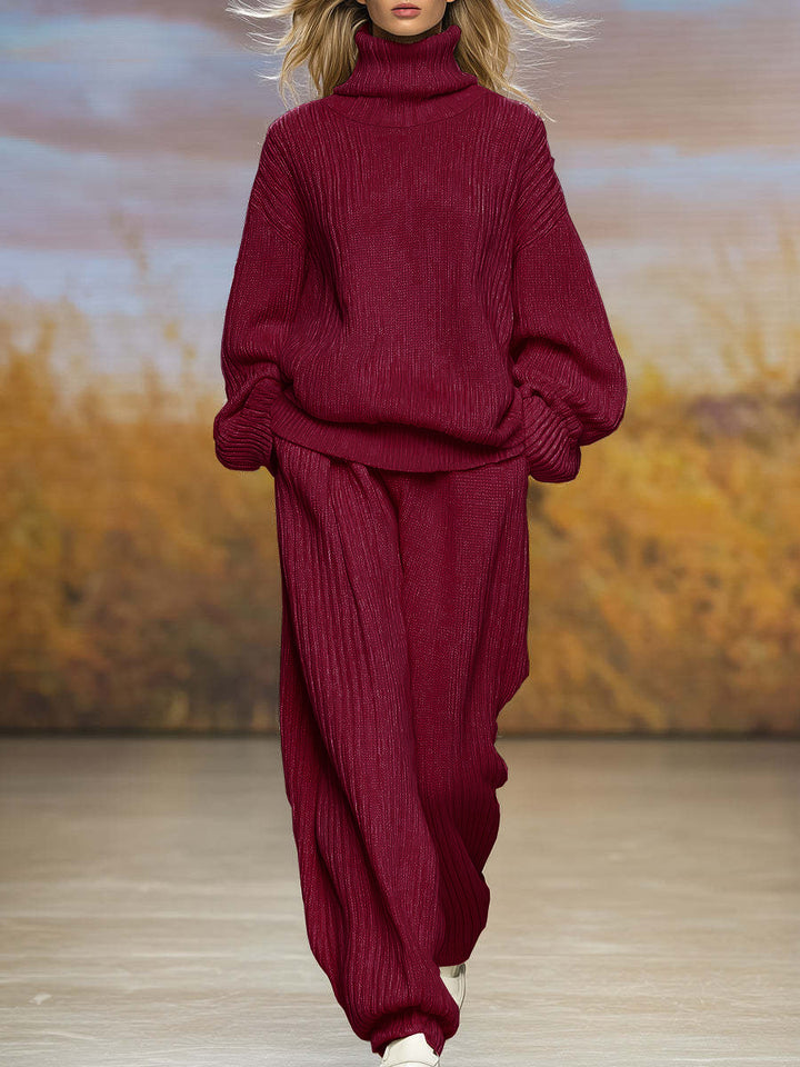 Burgundy ribbed knit high-neck top and wide-leg pants two-piece set, long sleeves
