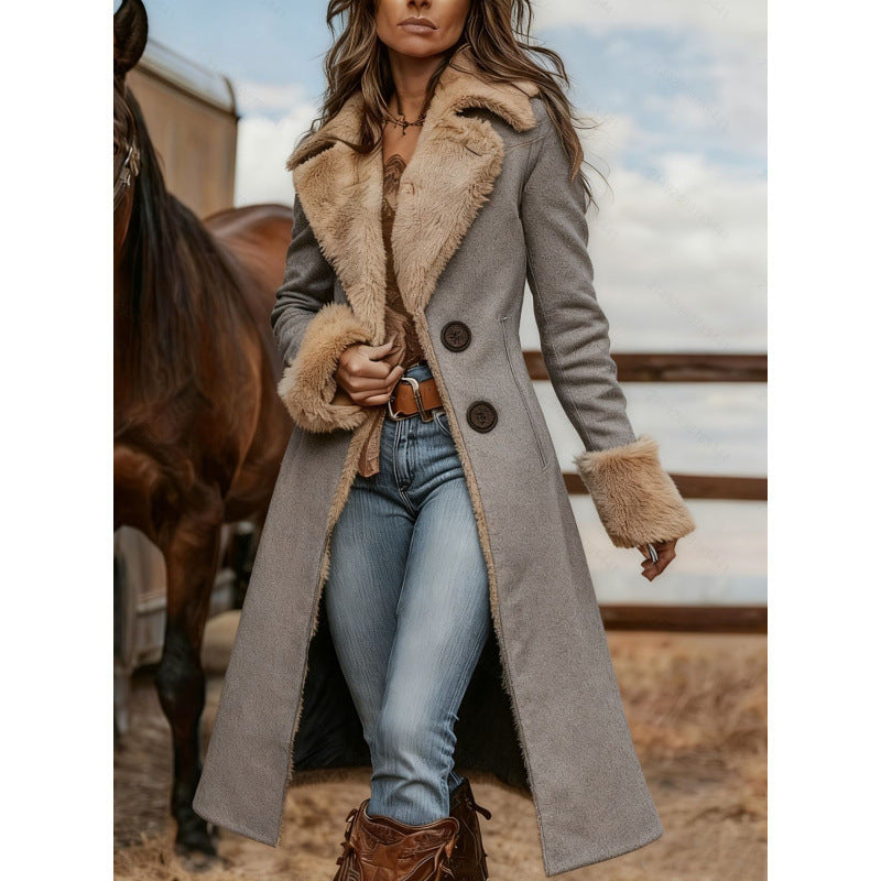 Women's Light Gray Longline Western Coat With Tan Plush-Look Collar And Cuffs