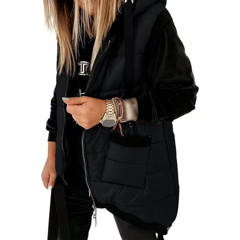 Women's hooded padded vest with front zipper and two pockets, black