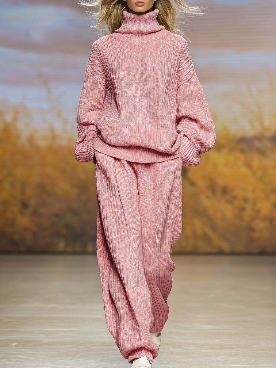 Pink ribbed knit high-neck top and wide-leg pants two-piece set, long sleeves