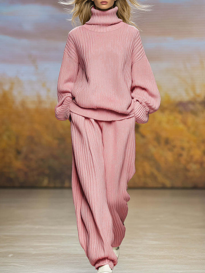 Pink ribbed knit high-neck top and wide-leg pants two-piece set, long sleeves