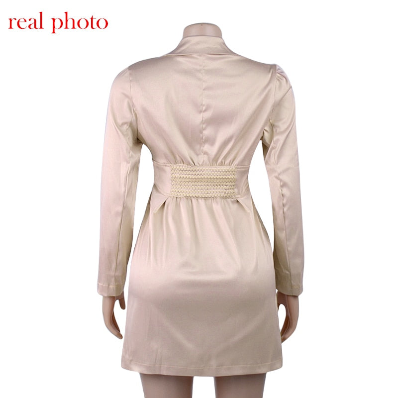 Deep V Neck Turn-Down Collar Button Long Blazer Dresses