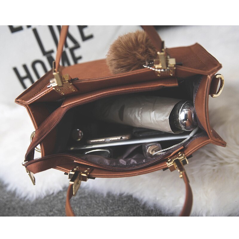 Chic Handle Fur Ball Suede Leather Handbags