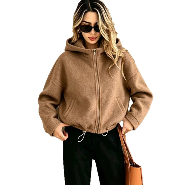 Women’s wool zip-up hoodie jacket, caramel brown, high neck, front pockets