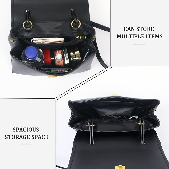 Black handbag with open compartment showing its spacious storage capacity.