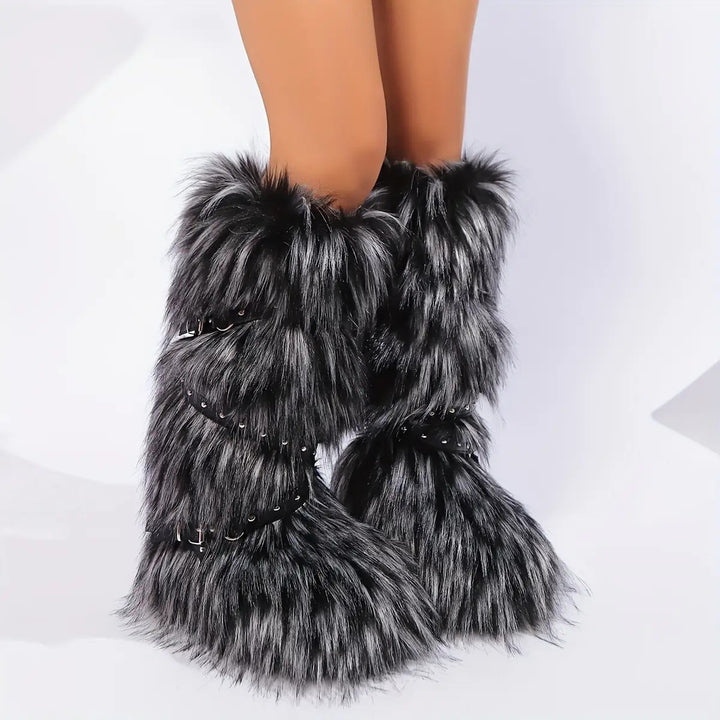 Gothic Punk Motorcycle Faux Fur Women's Boots with Chain Adornments - Flossy Mom