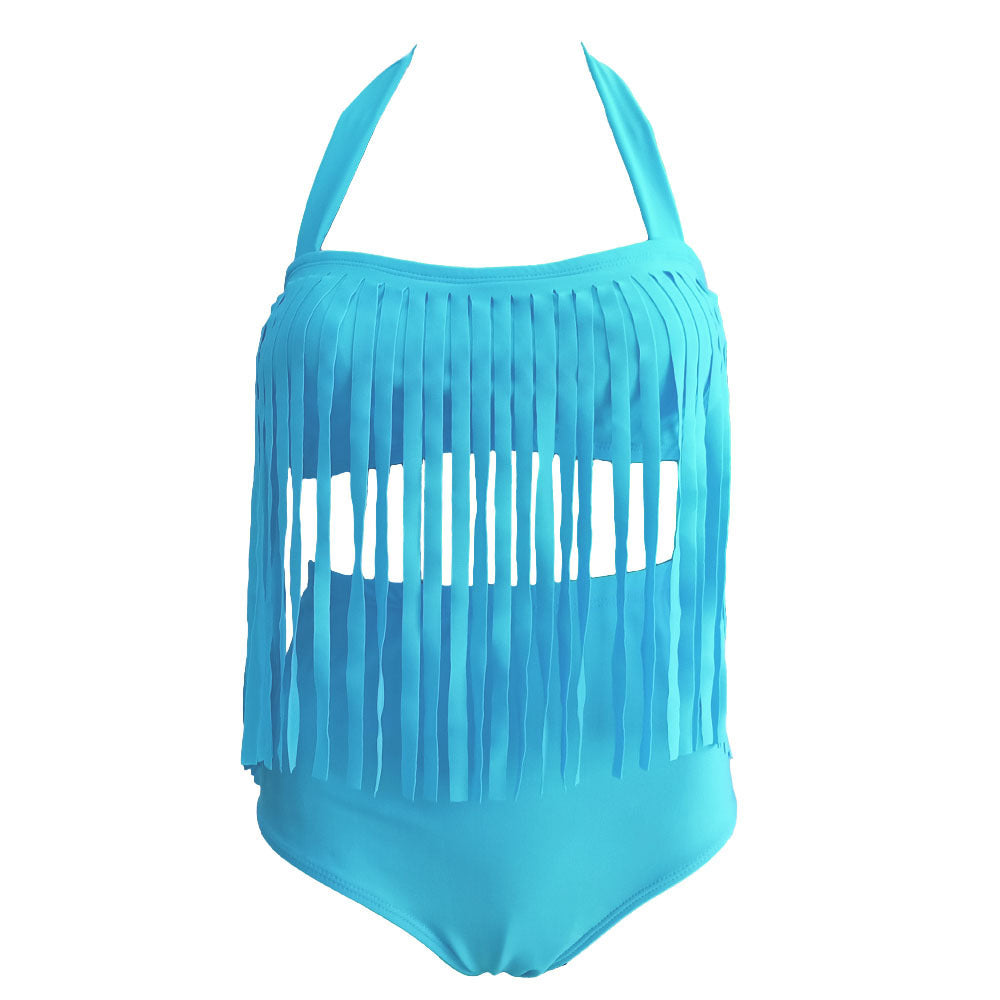 Plus Size Sexy Bold Color High Waist Split Tassel Bikini Swimsuits