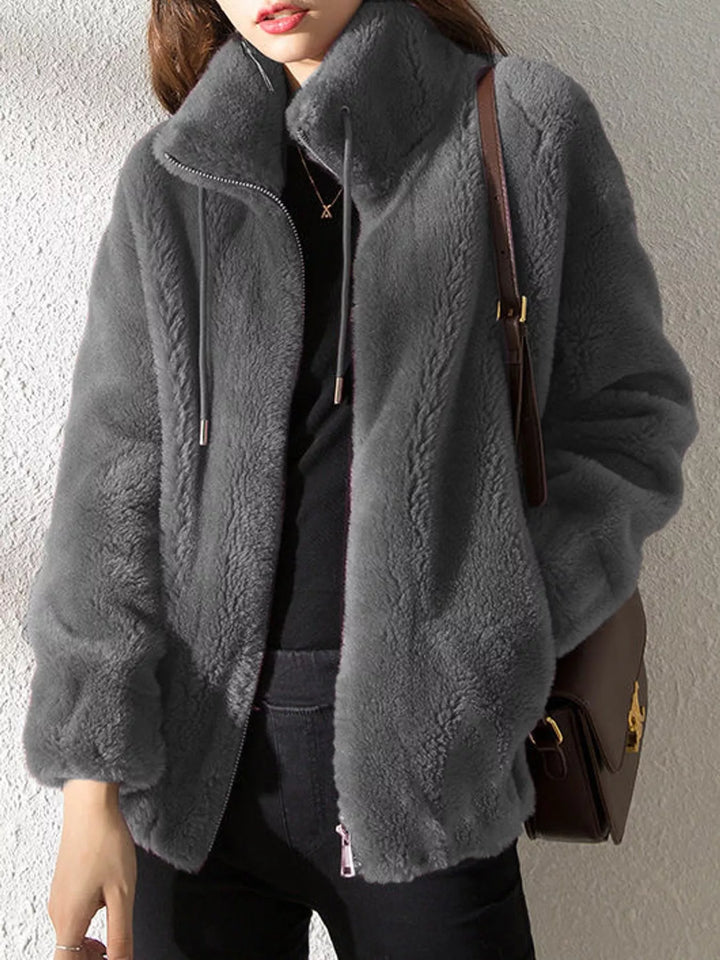 Plus size faux fur zip jacket with stand collar, dark gray, long sleeves
