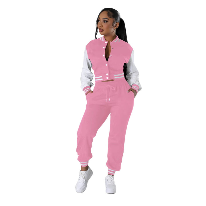 Pink and white varsity jacket with drawstring joggers, ribbed stripe cuffs and collar.