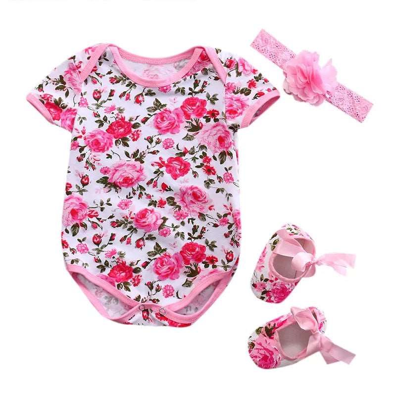 3Pcs Floral Short Sleeve  Romper and Shoe with Headband Set - Gen U Us Products