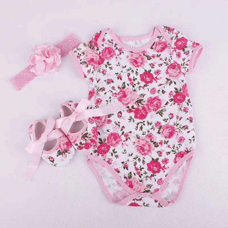 3Pcs Floral Short Sleeve  Romper and Shoe with Headband Set - Gen U Us Products