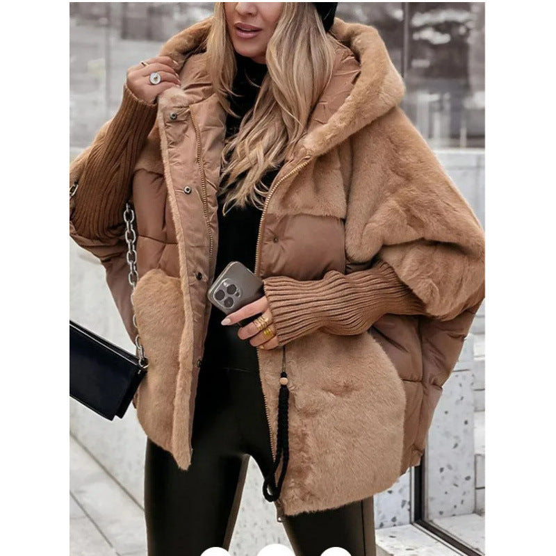 Women’s Deep Khaki Patchwork Winter Jacket Front View With Extended Knit Cuffs