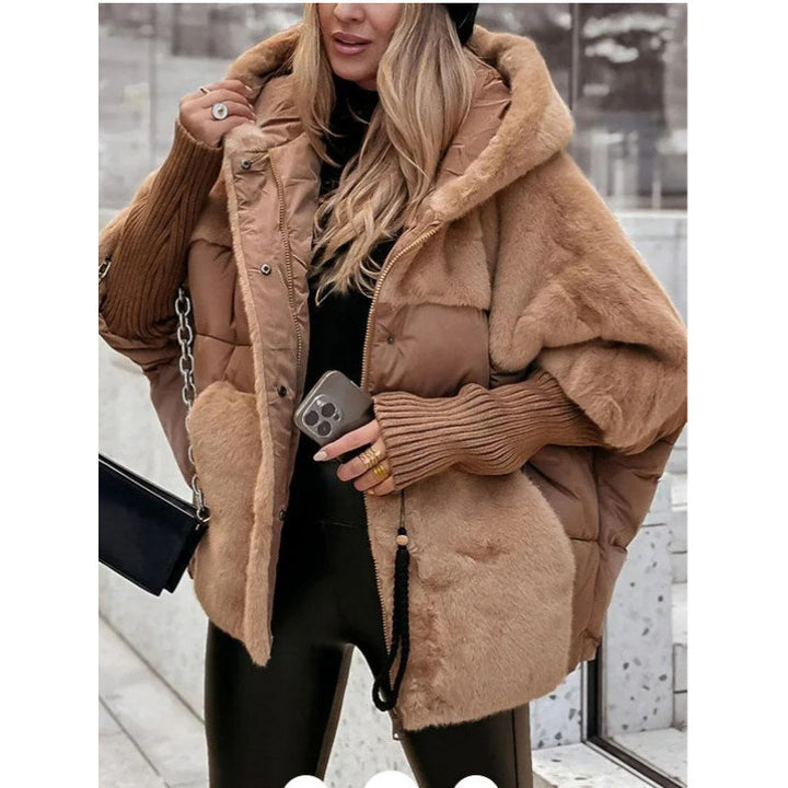 Women’s Deep Khaki Patchwork Winter Jacket Front View With Extended Knit Cuffs